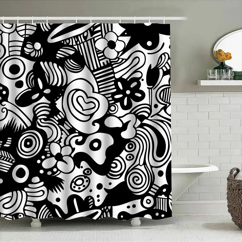 

Черно-белая занавеска для душа с узором Zentangle, декор для оконной ванной комнаты, занавеска с 3D принтом и тюлевым карманом для стержня, украшение для дома, вода