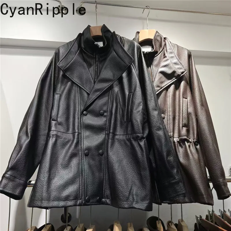 Double-layer Stand Collar Handsome Female Leather Jacket New Autumn Winter Double-breasted Long Sleeve Loose PU Leather Coat