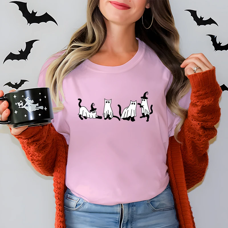 

Cat Lover Halloween Short Sleeve T-shirt Black Cat Ghost Print Women Fashion Casual T-shirt Witchy Cats Halloween Classic Tops