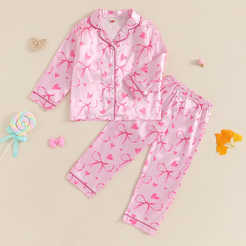 Conjunto de pijamas infantis para meninas de 3 a 7 anos, camisa de manga comprida com estampa de laço de coração doce e calças elásticas, 2 peças para roupa de dormir