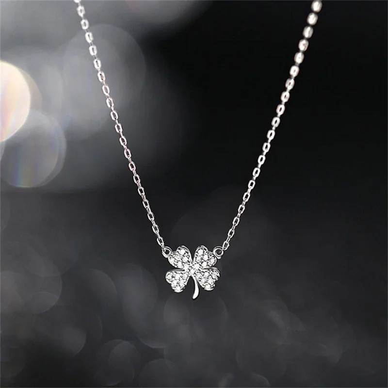 Four-leaf Clover Luck Leaves Sweater Chokers Necklace Crystal Zircon Pendant Chain Necklace For Women Jewelry