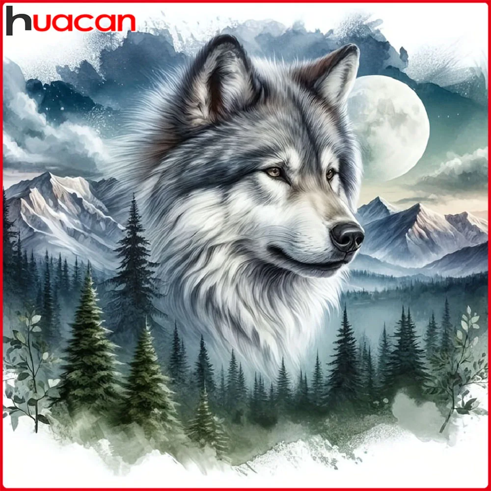 Huacan Diamantgemälde Wolf Berg Diamantmosaik Tierlandschaft Neue Kollektion 2025, handgefertigtes Geschenk