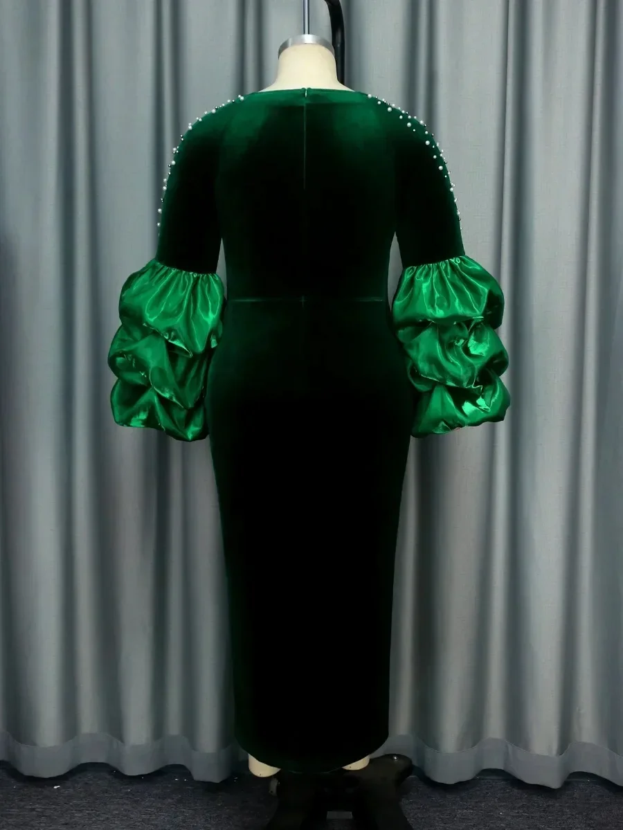 2024 Green Vintage Velvet Christmas Party Dress For Women O Neck Lantern Sleeves Nail Beads Wedding Birthday Party Banquet Gowns