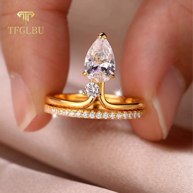 

TFGLBU Trendy 6*9mm Pear Cut Moissanite Rings Set for Women Sparking 100% S925 Sterling Silver Top Quality Jewelry GRA Wholesale