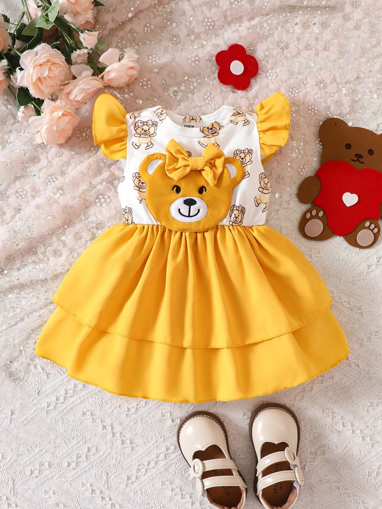 0-2 Years Old Spring And Summer New Round Neck Flutter Sleeve Bear Baby Baby Girl Baby Fashion Cute Foreign Dress