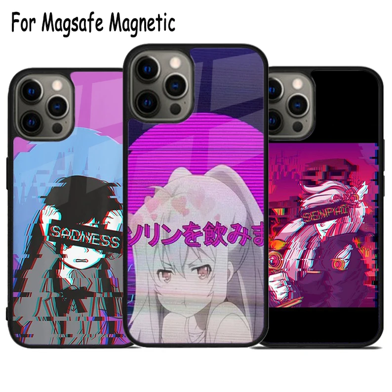 Vaporwave Aesthetic Sad Anime Wireless Charge Magsafe Phone Case For iPhone 15 16 14 13 11 12 Pro Max Plus Magnetic Bumper Cover