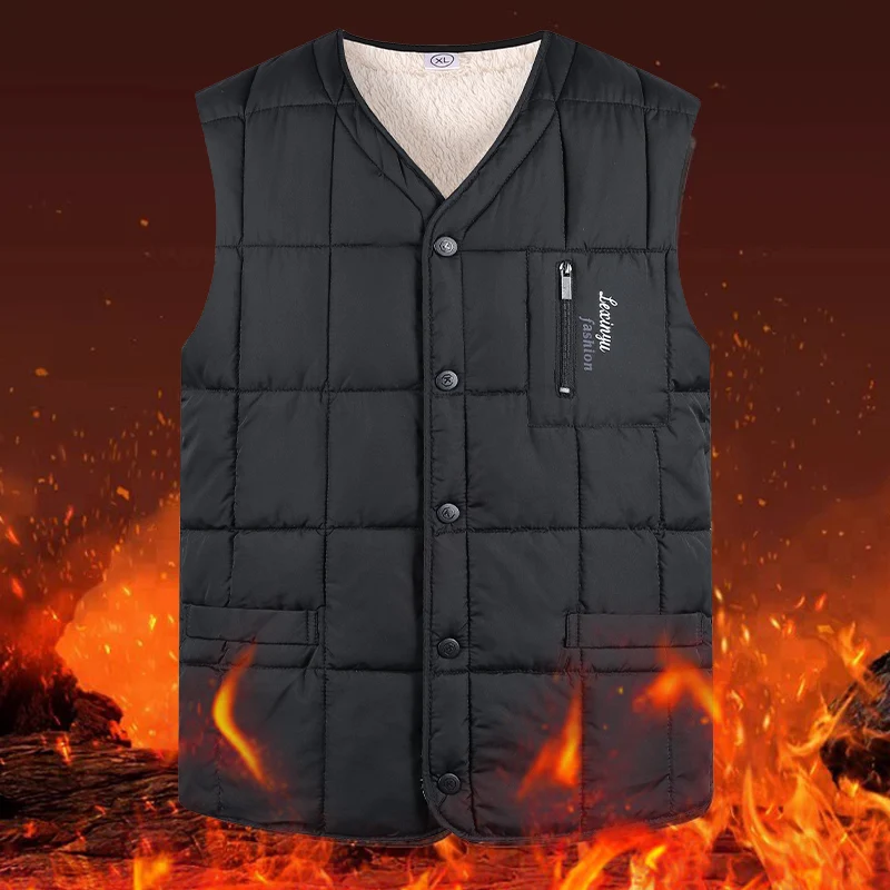 New Men's Fleece-Lined Vests Autumn Winter Thickened Cotton Vest Top Sleeveless Outdoor Windproof Vest V-neck Jackets Large Size