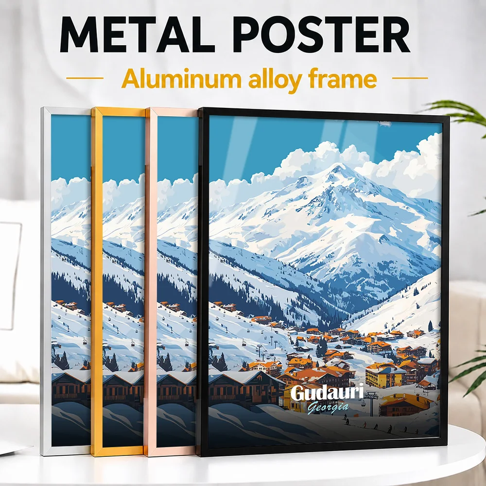 Gudauri Ski Resort, Georgia Framed Aluminum Metal Poster Customized Photo Bold Snow Style Wall Art For Cabin Memorable Fan Gift
