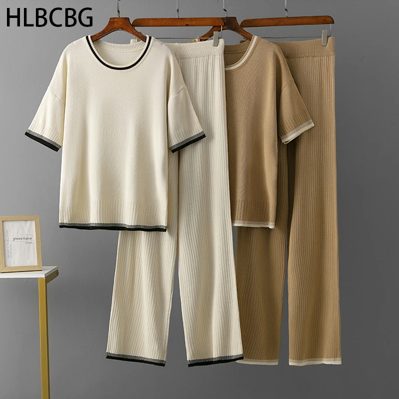 

HLBCBG Casual Summer Tracksuit Women Two Piece Set Short Sleeve Knitted Two Piece Women Set Slit Wide Leg Pant Matching Sets For