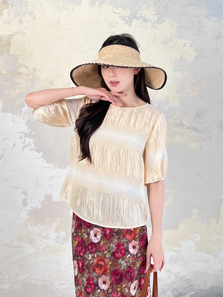 

Ele Silk Pleated Loose round Ne Lantern Sve Top Summer New Arrival by Taotaojia Marytim Brand Street Sle Pure Color