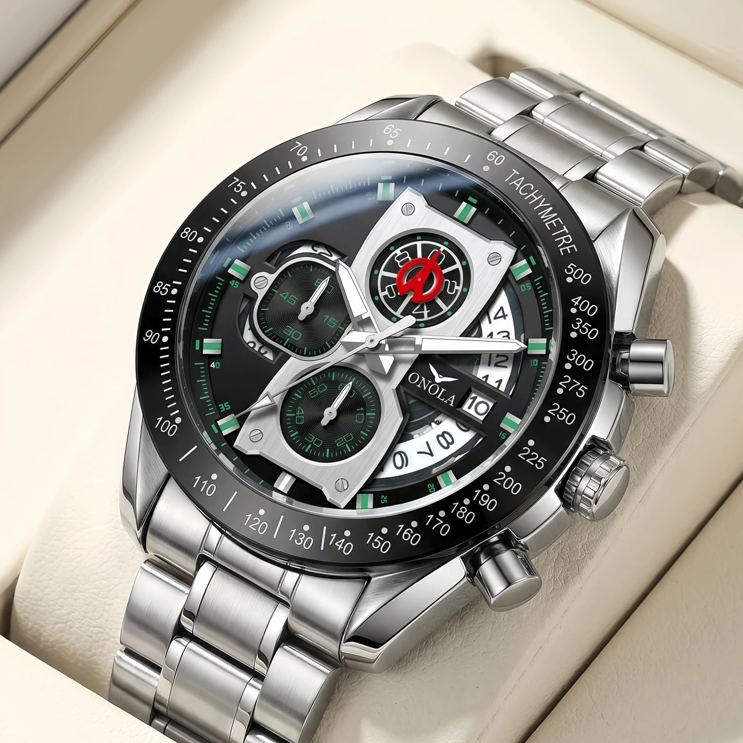 ONOLA Men's Stainless Steel Quartz Chronometer, Calendar, Fashion Waterproof Watch, Suitable for Daily Outdoor Activities