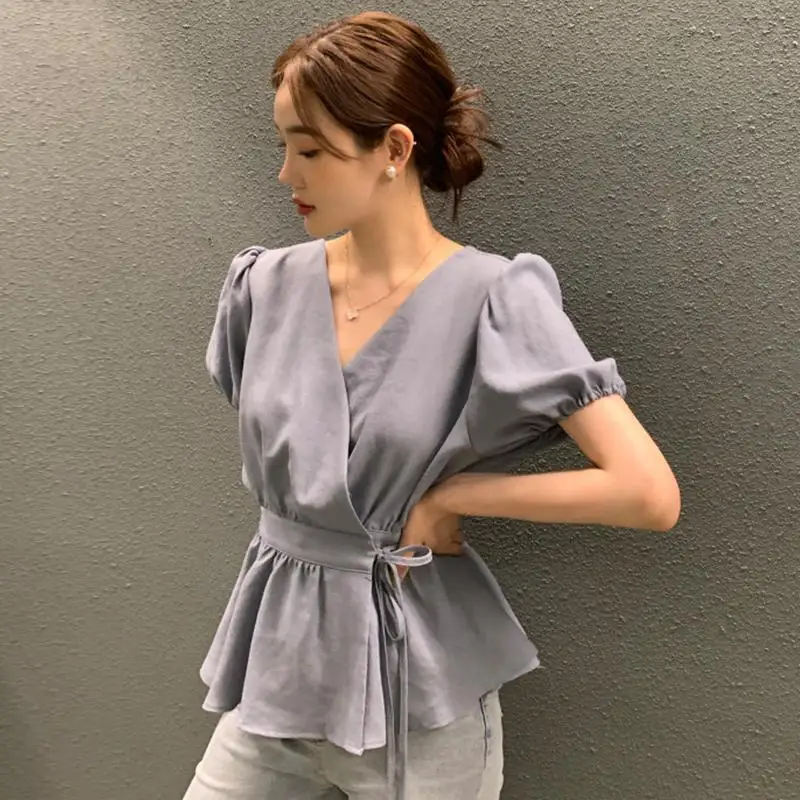 Korean Chic Summer Retro Versatile Cross V-neck Lace-up Waist Slimming Puff Sleeves Ruffle Shirt Top