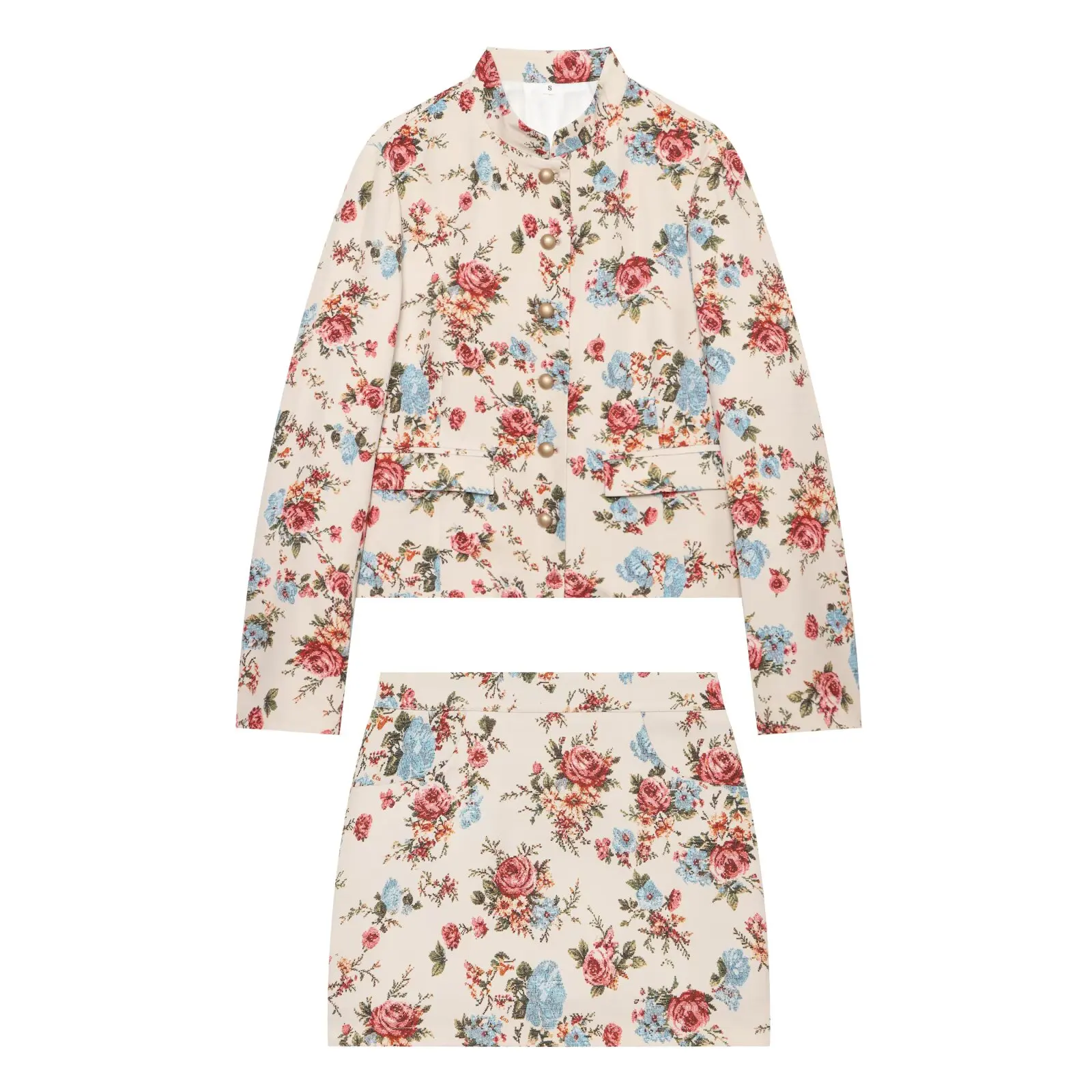 2026 Autumn Women's Elegant Floral Print Stand Collar Button Short Blazer Jacket Coats Lady Vintage Mini Skirt 2pcs Sets Outfit