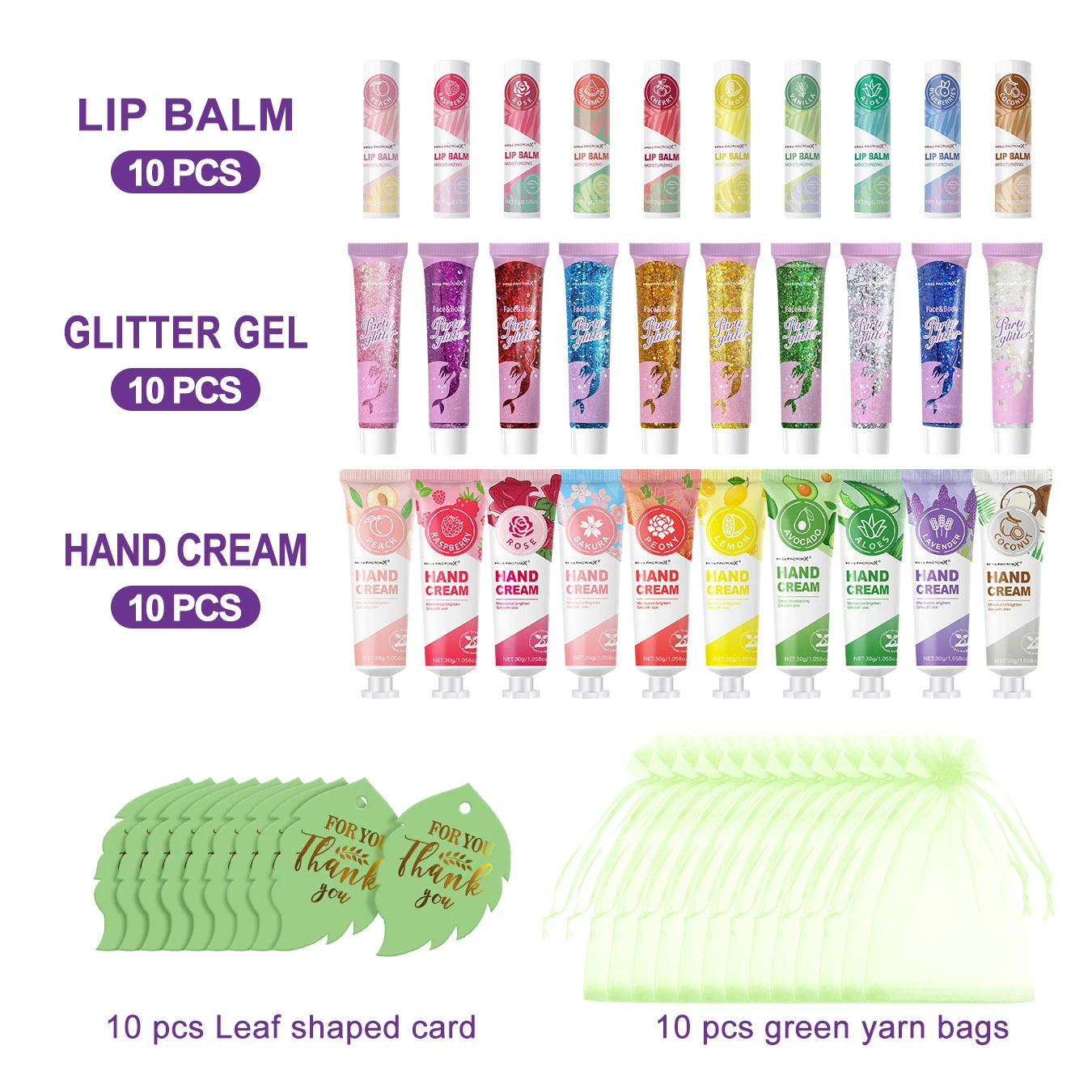 10 Gift Boxes: Including Lipstick, Hand Cream, Glitter Gel, Green Thank You Card and Gauze Bag