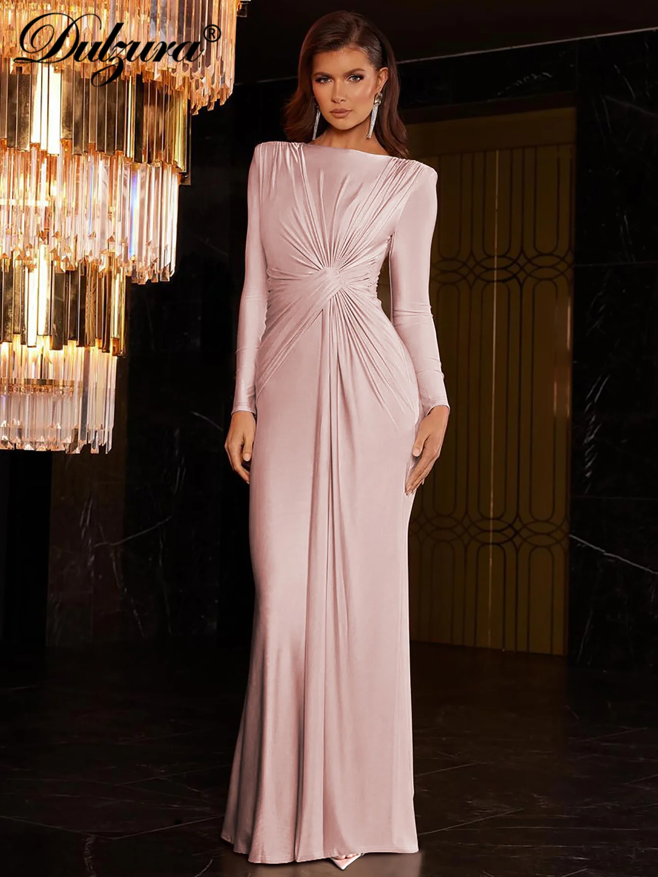 Dulzura Long Sleeves Shoulder Pad Ruched Maxi Dress Solid Elegant Slim Prom Dress For Women Evening Party Autumn Winter