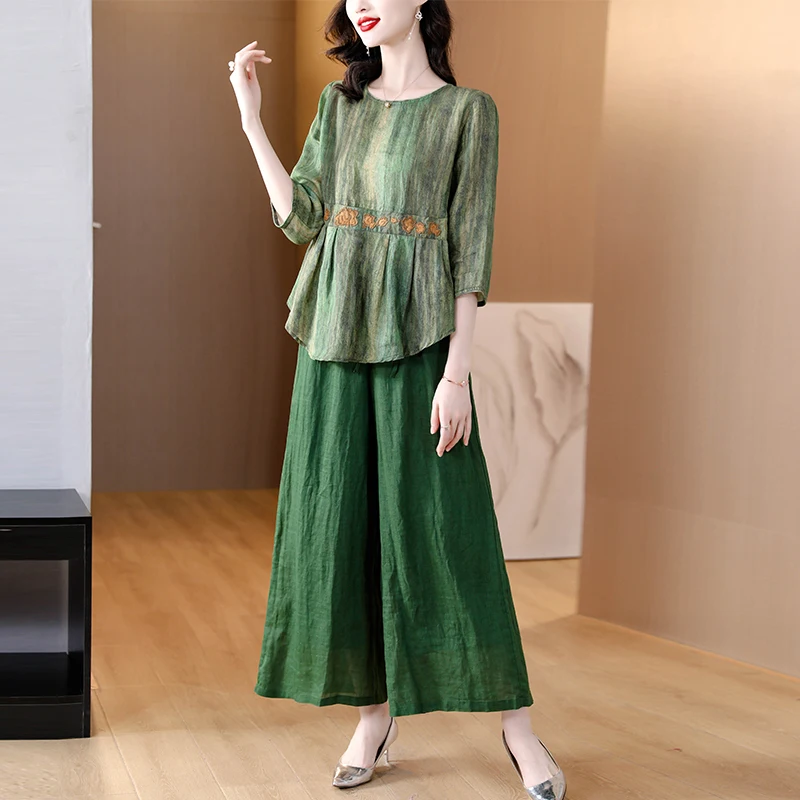 

2025 Spring and Summer New Silk Cotton Hemp O-neck T-shirt Pants Set Retro Embroidered Short Sleeve Loose Two Piece Set