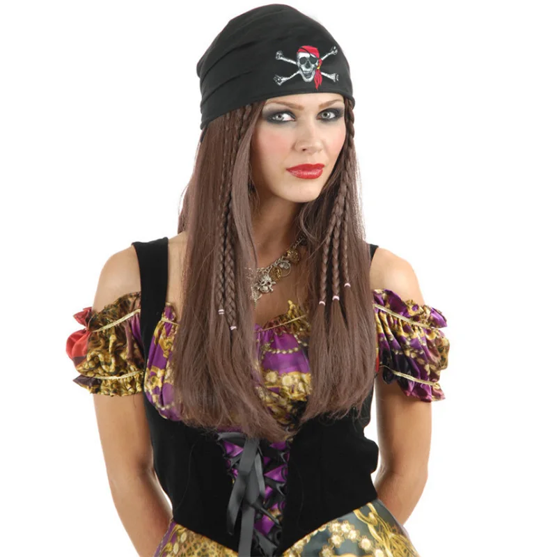 Peruka piracka na Halloween Cosplay Średniej długości kręcone proste, żaroodporne włosy syntetyczne z akcesoriami do bandany