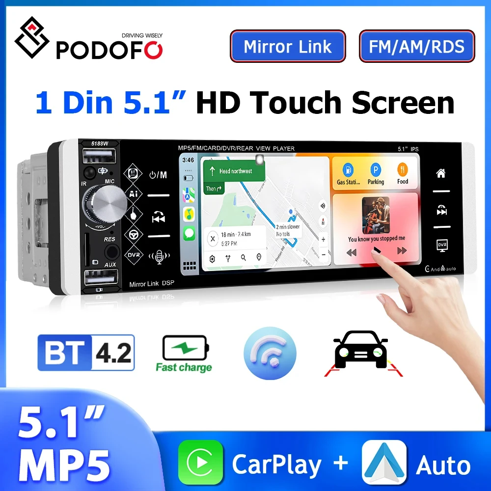 

Podofo 1Din MP5 Player 5.1'' Car Radio Wireless Carplay Android Auto FM/AM/RDS Multimedia Player MirrorLink Bluetooth Car Stereo