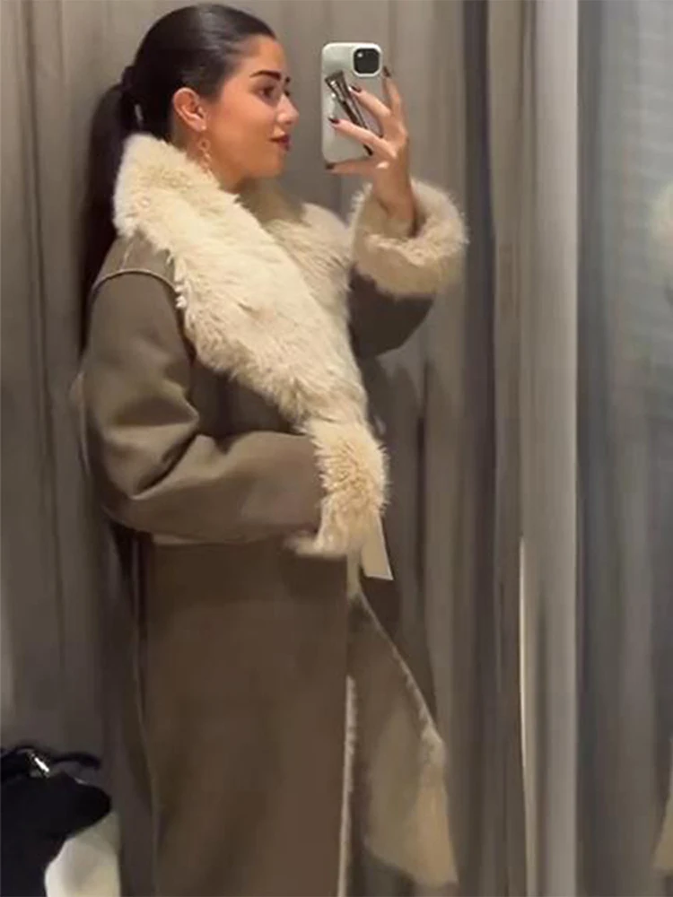 

Female Coat Autumn Winter Ladies Overcoat Elegant Faux Fur Women Long Jacket Fashion Thick Turn-down Collar Long Sleeve