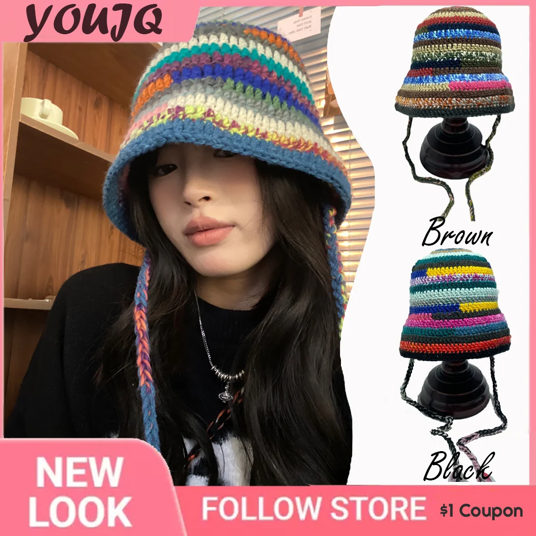 Japanese Handmade Crochet Colored Striped Knitted Lace Up Bucket Hats For Women Contrasting Colors Sweet Winter Basin Hat Gorras