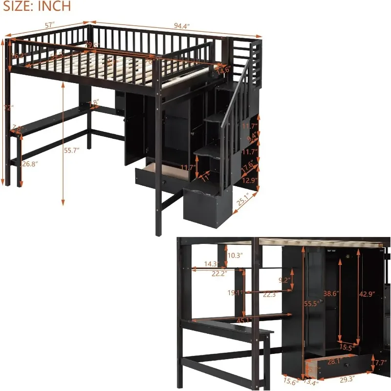 Full Size Loft Beds Stairway Bed Frame with Wardrobe, Desk, Bookcase and Drawers, Espresso