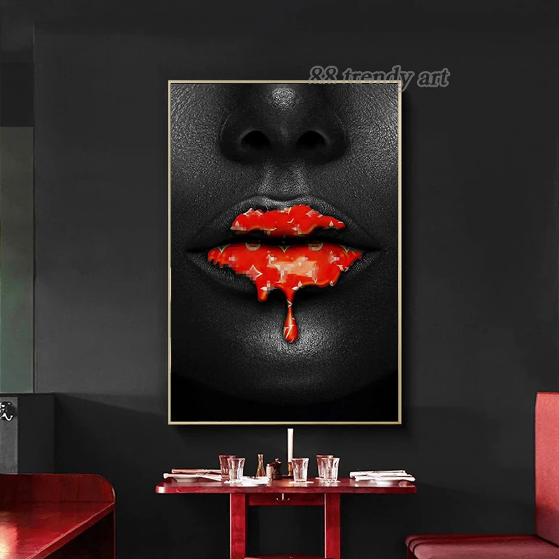 Modern Luxury Mouth Art Canvas Painting Green Red Lips Drops Creativity Posters Fashion Wall Art Pictures for Home Room Decor