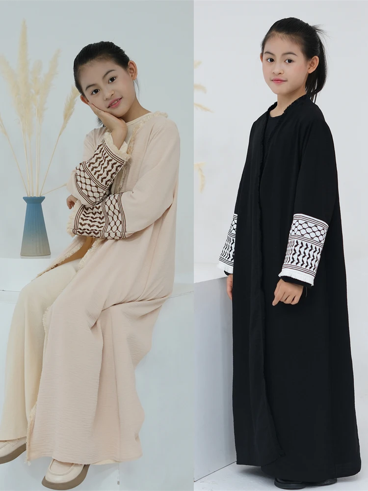 Open White Black Plain Abayas For Child Kids Modest Abaya Dubai Muslim Kaftan Under Dress Girl Robe Caftan Marocain Musulmane