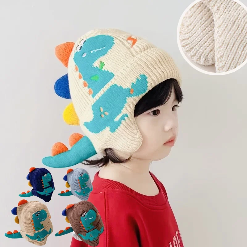 الشتاء الاطفال الطفل قبعة في الهواء الطلق يندبروف الأطفال حماية الأذن قبعة دافئة لطيف ديناصور قبعات منسوجة صبي فتاة بيني #1