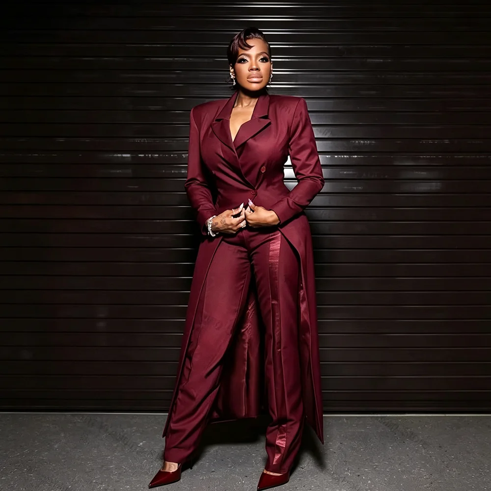 Dark Red Women Long Blazer Two Piece Suit Peak Lapel Slim Waist Wide Leg Pants With Satin Wedding Gala Evening Customized