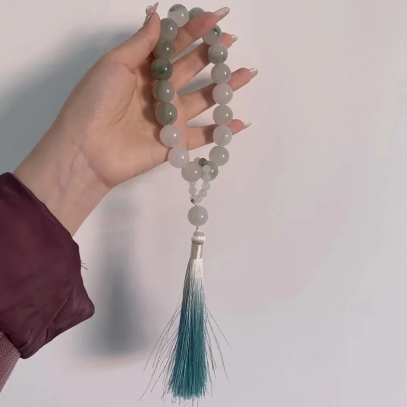 Tianshan Jade Handheld Eighteen Beads Gradient She Tai Jade 12mm with Running Ring Tassel Retro Jade