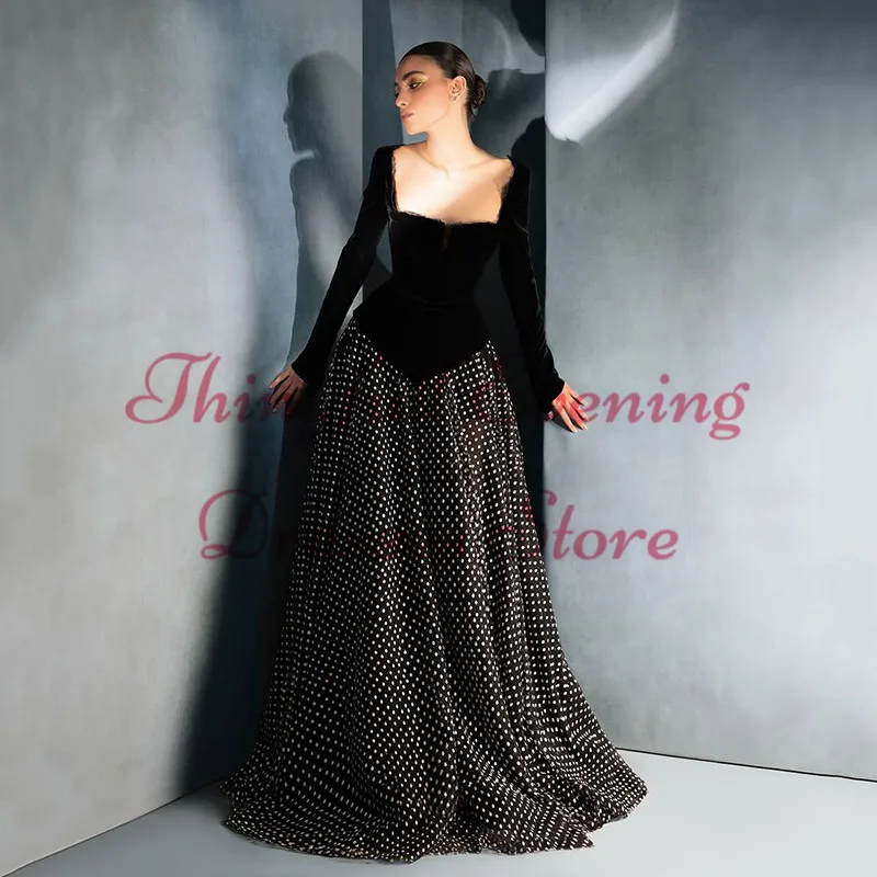 Thinyfull Black A-Line Prom Evening Dresses Saudi Arabia Long Sleeve Point Dot Party Dress Night Cocktail Prom Gowns Customized