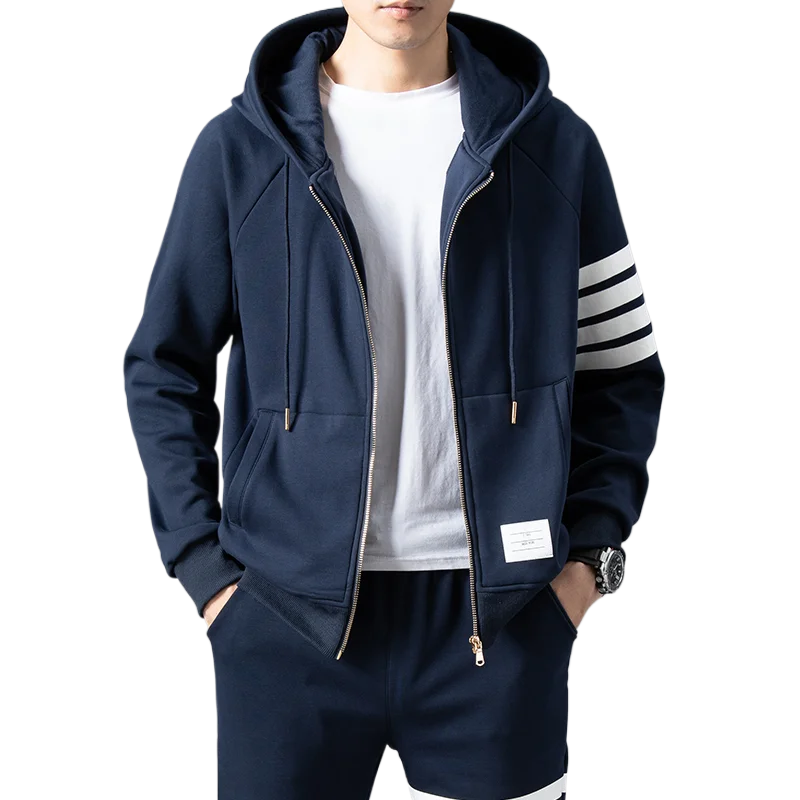 Cardigan hoodie men\'s 2024 spring and autumn new high-quality fleece couple four bar hooded sports jacket