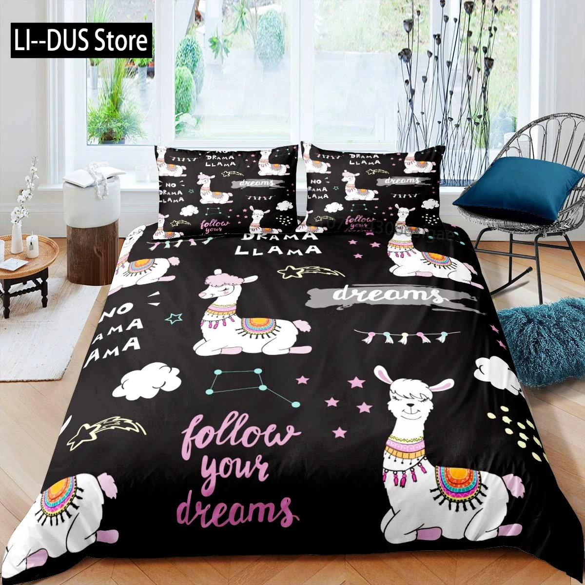 Lovely Cartoon Alpaca Llama Cactus Print Boys Girls Duvet Cover Set Full Size For Kids Teen Bedding Set Comforter Cover Decor