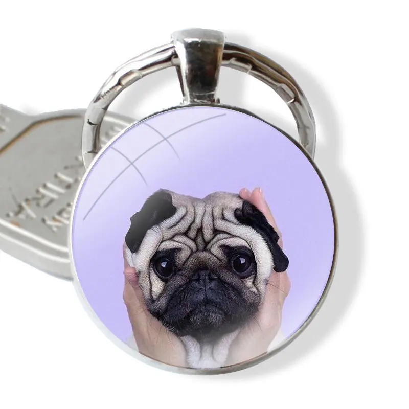 pug dpt Keychain Handmade Glass Cabochon Key Ring Holder Pendant Key Chains image 2