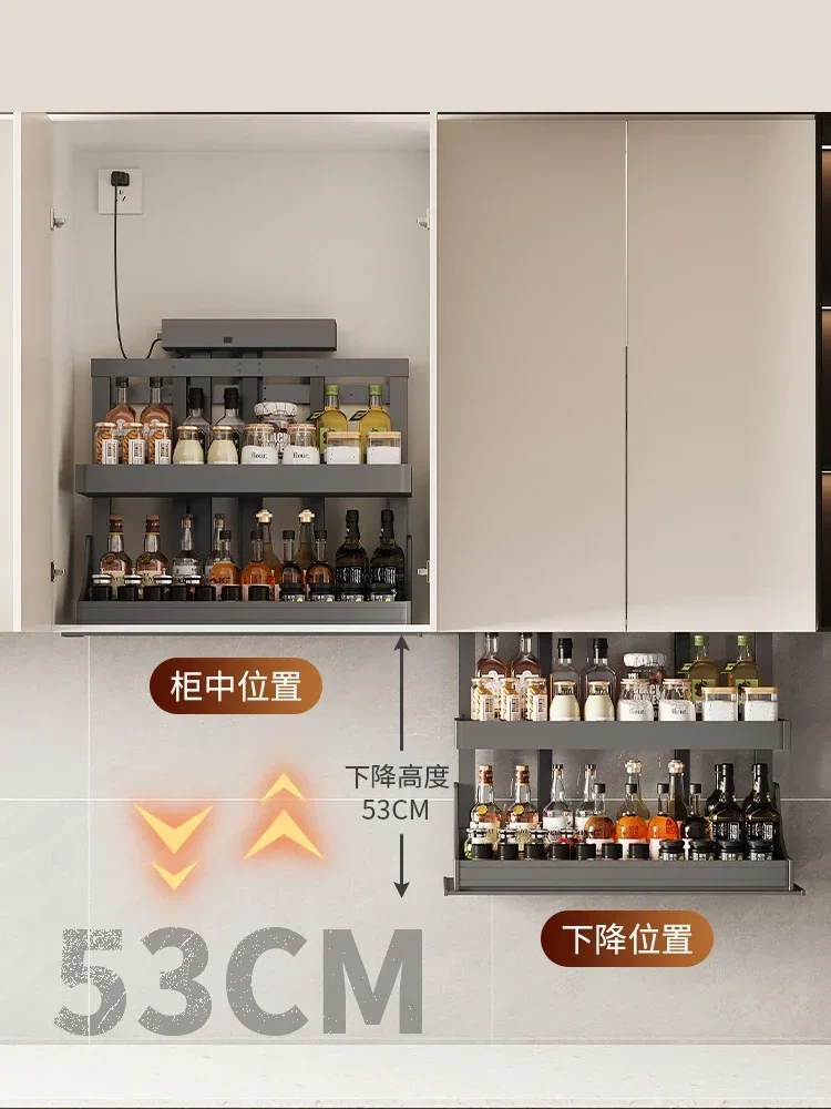 Kitchen Storage Accessories Kitchen Hanging Cabinet Electric Lift Basket Intelligent Voice Touch Drop-down Vertical Automatic Li