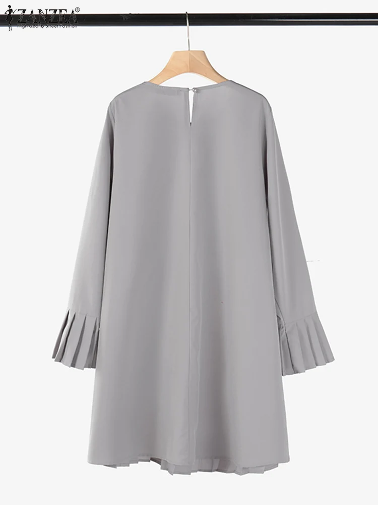 ZANZEA-vestido plisado a la moda con cuello redondo, Color sólido, informal, para ir al trabajo, batas cortas para mujer, Mini Vestidos de manga larga para primavera 2025