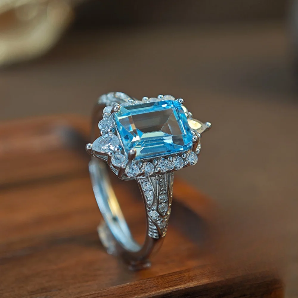 

Vintage Sea Blue Topaz Ring Light Luxury Wedding Fine Jewelry 925 Silver Rectangle Rings