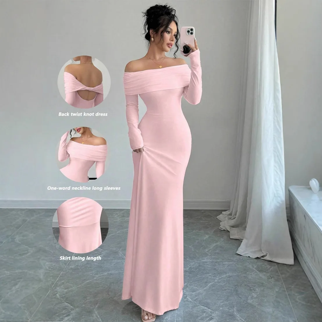

2025 Spring Women's Clothing Shrunken Pleated Tight-fitting Fashionable and Elegant Hip-wrapped Long Evening Dress Dress