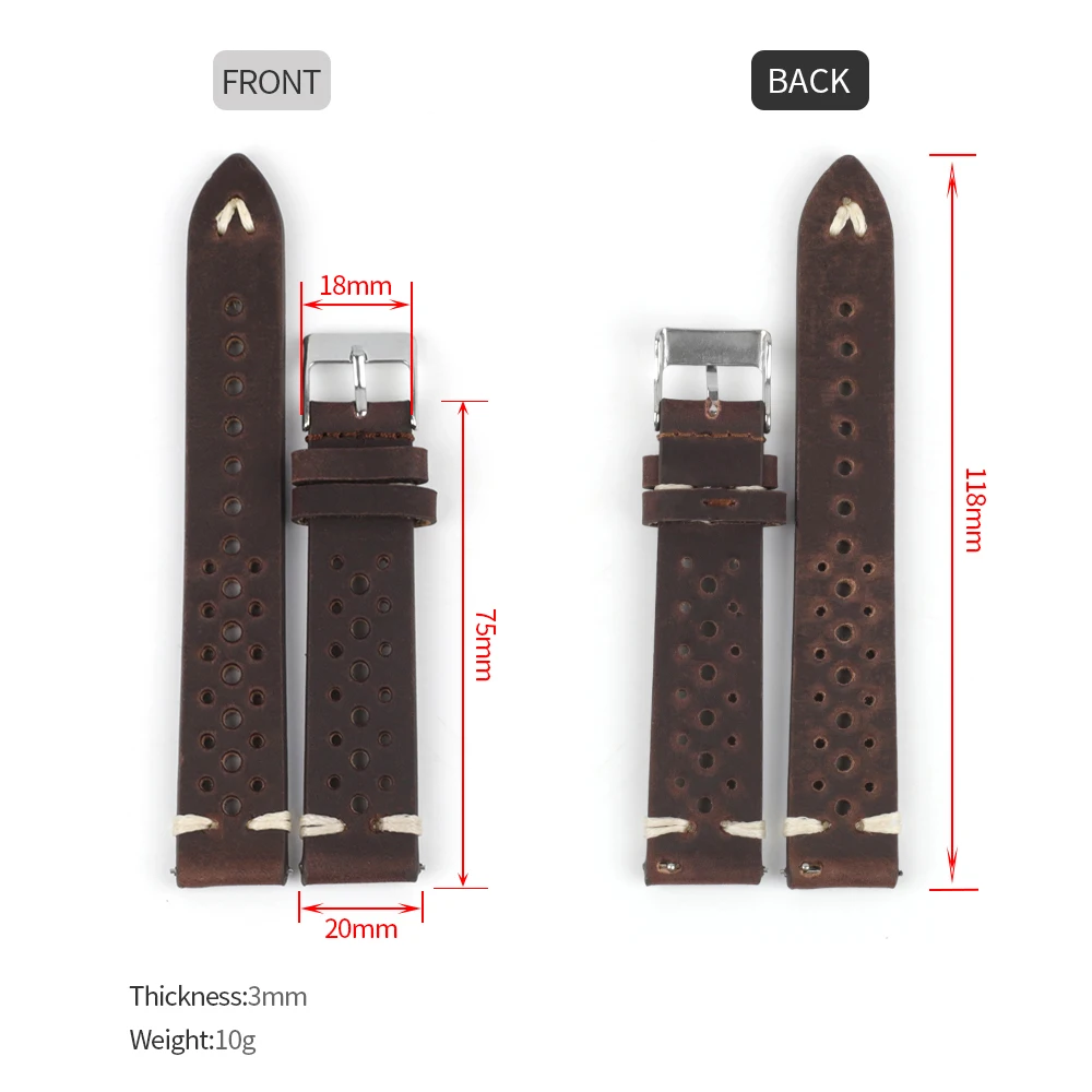 Retro Crazy Horse Leather Strap 17mm 18mm 19mm 21mm 22mm Cowhide Hand Stitching Watchband Porous Breathable Bracelet Accessories
