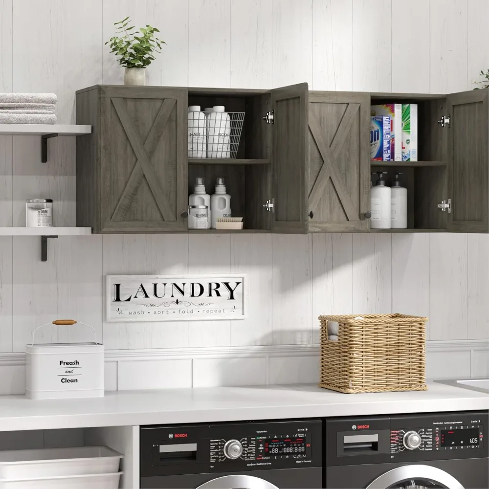 Laundry Wall Cabinets - Farmhouse Kitchen Wall Amount Storage Cabinets with Doors and Shelves, One Set of 2 Pieces, Lt Rustic