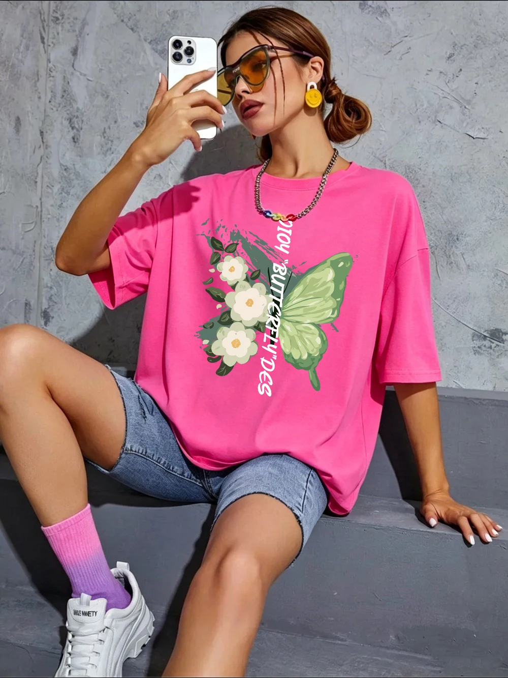 Green Butterfly Flower Printing T-Shirts Cotton Womens Summer Oversized Tops Soft Short Sleeve T Shirts Basic O-Neck Clothes