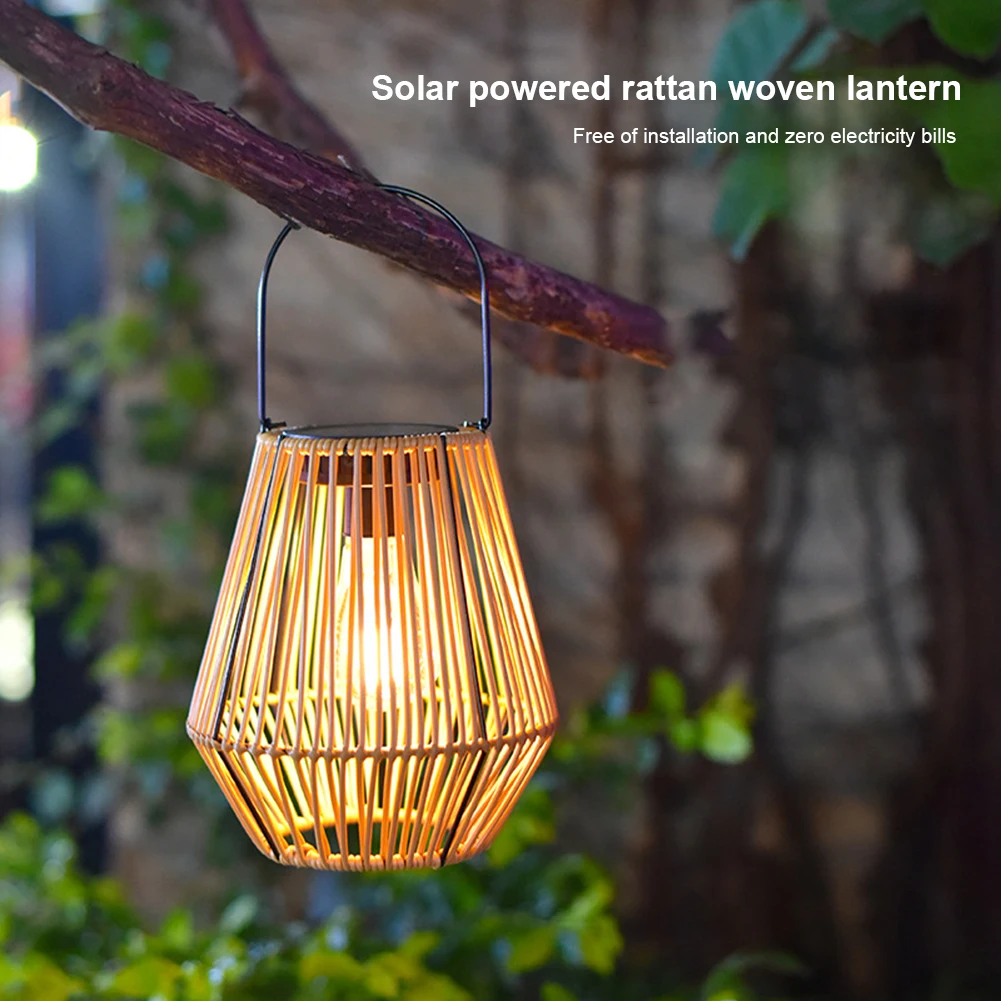 Rattan Solar Lantern IP65 Waterproof Hanging/Standing Outside Big Rattan Solar Light with Handle for Garden Patio Courtyard Lawn