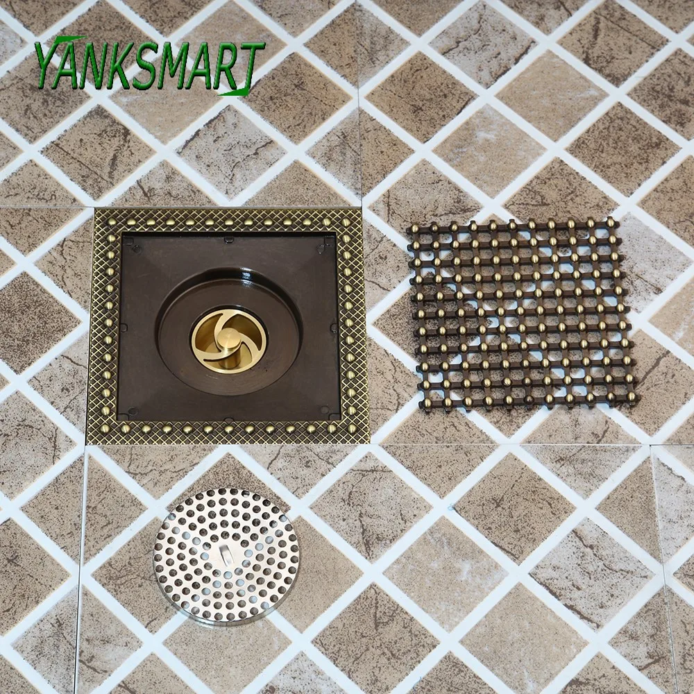 

YANKSMART Shower Drain 15*15cm Super Bigger Floor Drain Antique Brass Bathroom Accessories Water Filter Strainer Waste Drains