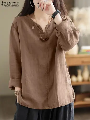 Imagen 2 del producto Blusa Vintage de algodón para Mujer, Tops de manga larga con cuello de pico de otoño, camisa holgada Retro sólida, Túnica de trabajo para Mujer, Blusas para Mujer 2025
