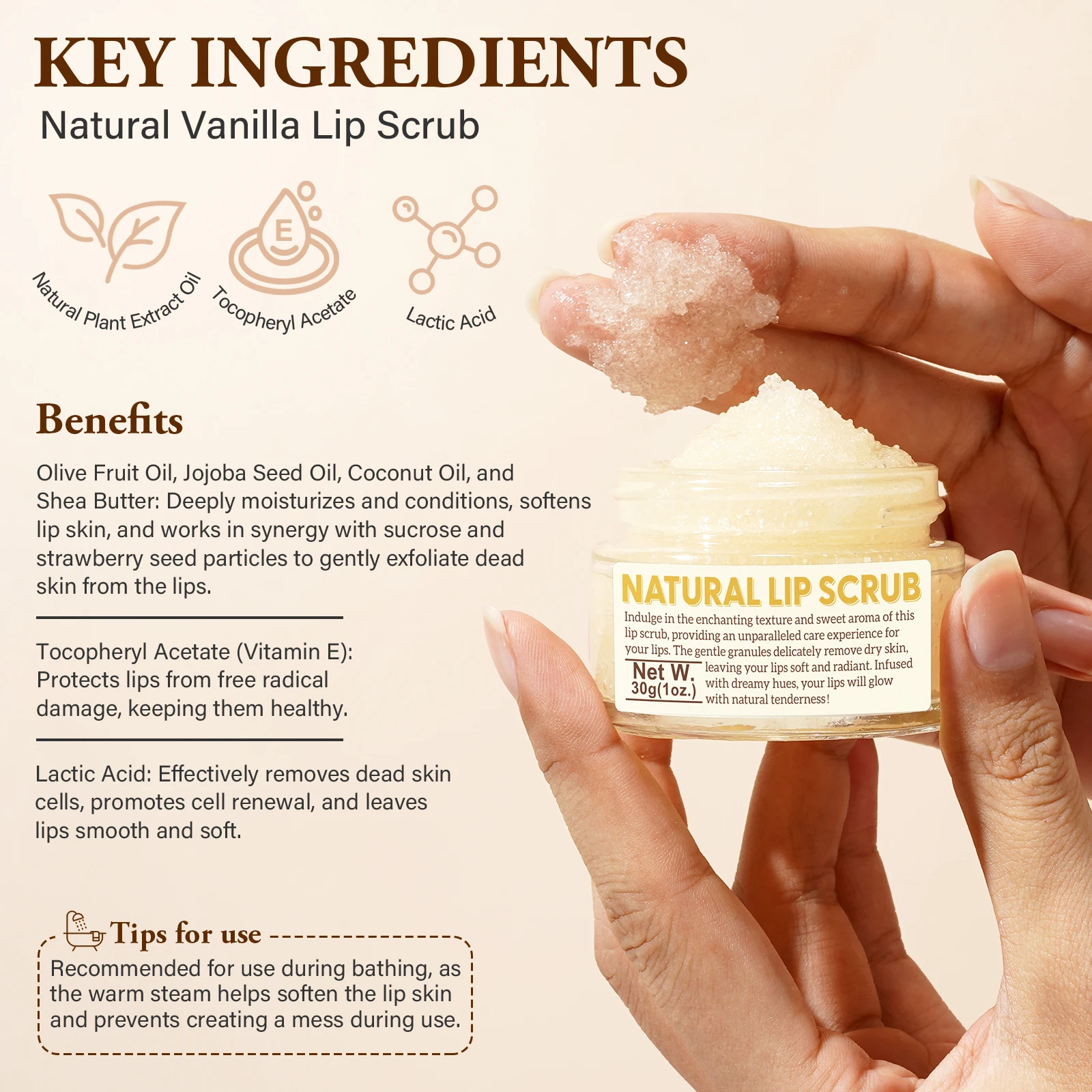 Strawberry Lip Scrub Exfoliating Moisturizing Brightening Smooth Remove Dead Skin Prevents Dryness Lip Care Natural Vegan 30g