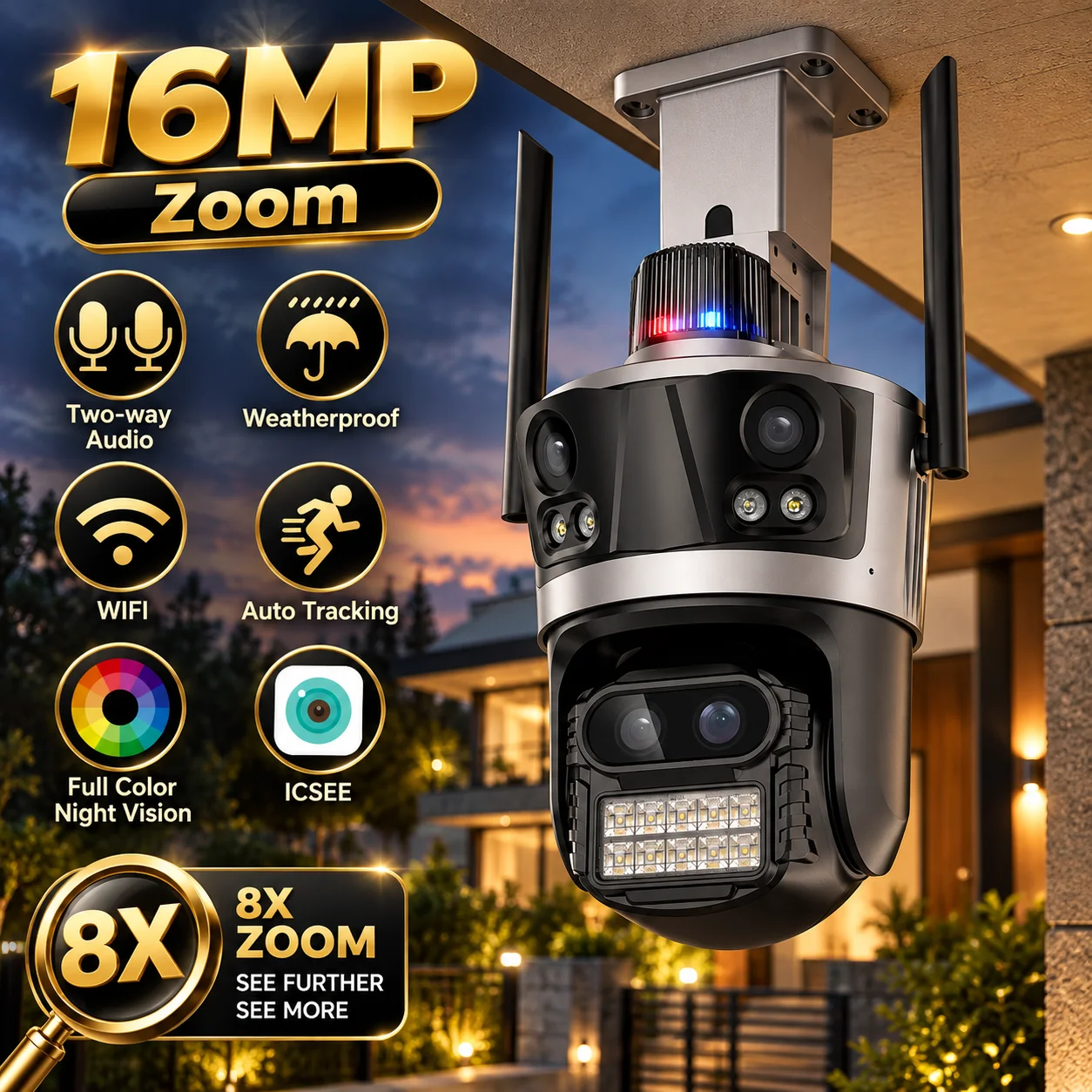 8K  4K16MP WiFi PTZ Camera Four Lens Three Screens 8X Zoom Outdoor ICSEE CCTV Security Auto Tracking Video Surveillance IP Cam