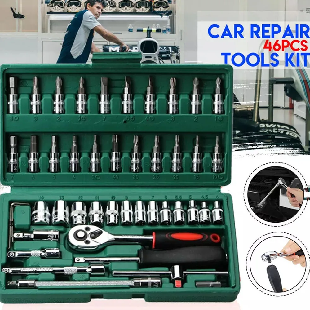 

46pcs Spanner Socket Ratchet Wrench Set 1/4" Drive Metric Hex Bit Socket Set Mechanic Tool Car Repair Tool Kit with Green Case