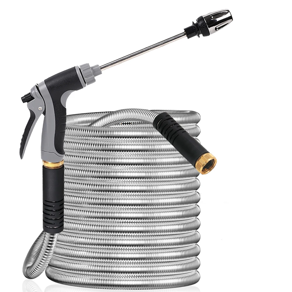 25FT Stainless Steel Garden Hose With High Voltage Long Pole Spray Nozzle Kink-Free Metal Water Hose Brass Connectors ﻿
