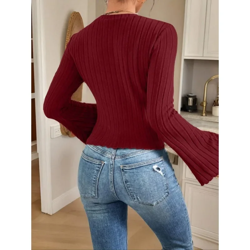 

Женская повседневная однотонная футболка с круглым вырезом размера плюс 1XL-5XL, женская модная удобная футболка с расклешенными рукавами, топ