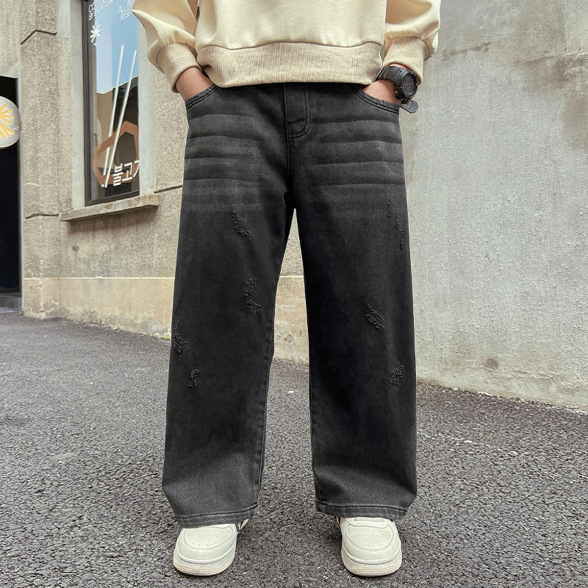 Boys Spring Autumn Denim Jeans Korean Style Middle Large Children Straight Leg Long Trousers Fashionable And Stylish
